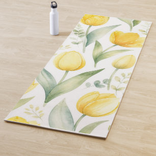 Tapis De Yoga Tulipes jaunes Peinture florale aquarelle Botaniqu