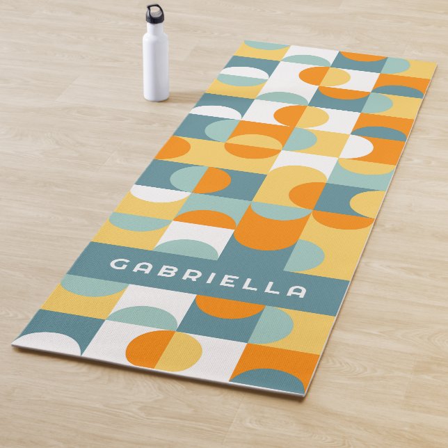 Tapis De Yoga Turquoise Bleu Vert Orange Cercles du Moyen-siècle (En situation)