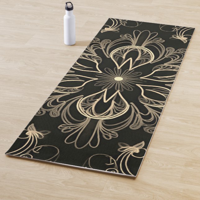Tapis De Yoga Vibrant Abstrait Floral Noir Et Or (En situation)