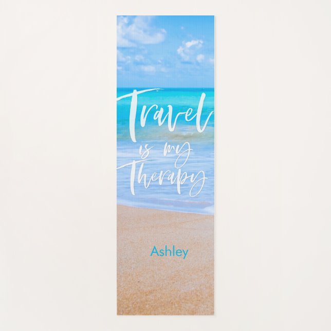 Tapis De Yoga VOYAGE EST MA THÉRAPIE Citation blanche Nom plage (Devant)