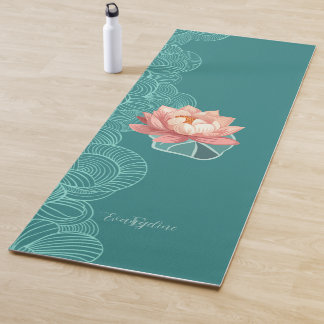Tapis De Yoga Watercolor Peach Lotus On Teal Personalized