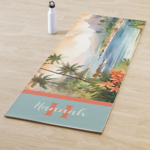 Tapis De Yoga Watercolor Tropical Hawaiian Beach