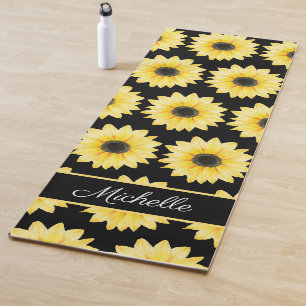 Tapis De Yoga Yellow Black Sunflower Aquarelle Motif personnalis