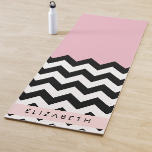 Tapis De Yoga Zigzag noir et blanc, Chevron, rose, Votre nom