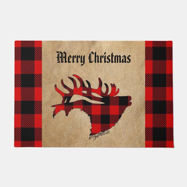 Tapis rouge et noir Plaid Elk Christmas (Devant)