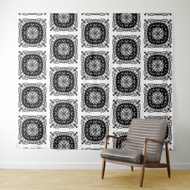 Tapisserie à motif floral Mandala noir et blanc (En situation (horizontale))