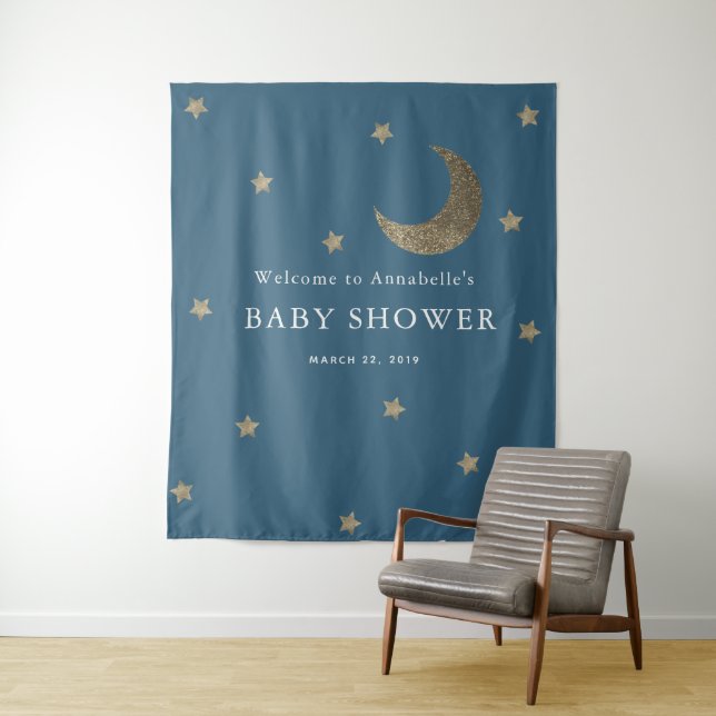 Tapisserie Bleu Marine avec Étoiles Dorées et Lune (En situation)