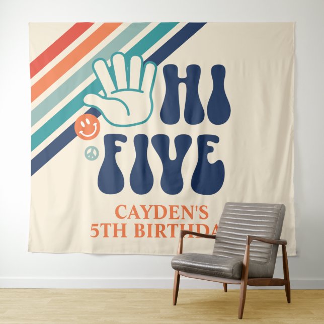 Tapisserie d'anniversaire Hi Five Rétro Rayures (En situation (horizontale))