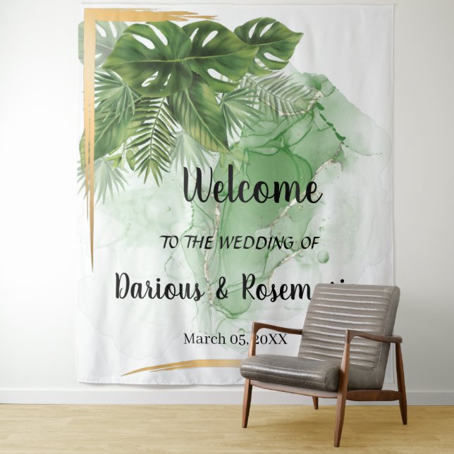 Tapisserie de bienvenue de mariage palmier tropica (En situation)