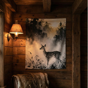 Tapisserie de Faon Art de la forêt embrumée