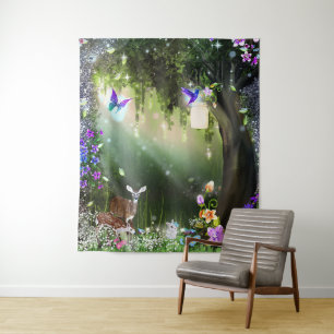 Tapisserie de fleurs magiques de forêt de cerfs et