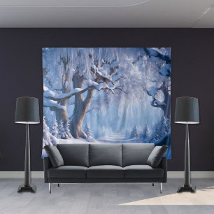 Tapisserie de fond de mur d'arbre de forêt enneigé