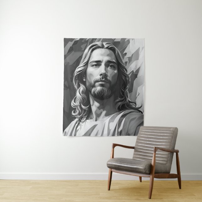 Tapisserie de Jésus noir et blanc (En situation)