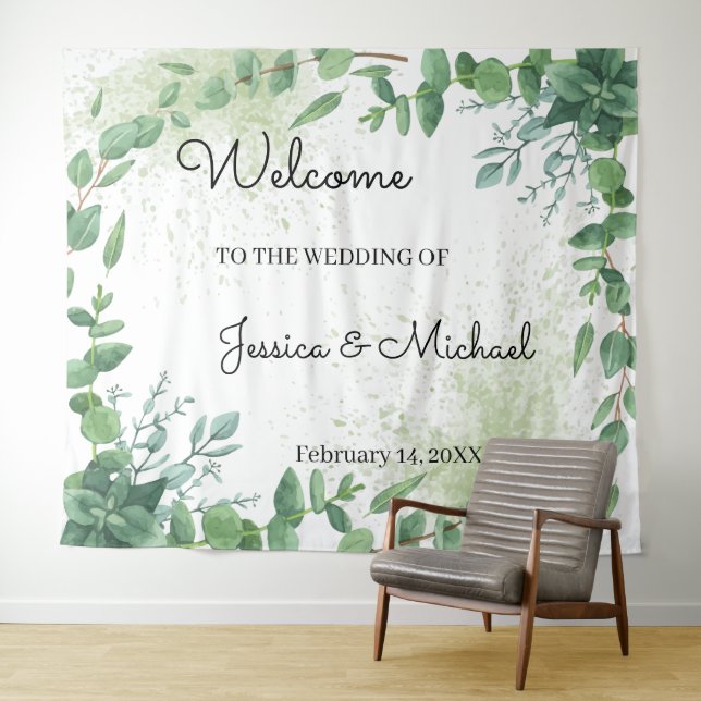 Tapisserie de mariage de bienvenue Eucalyptus (En situation (horizontale))