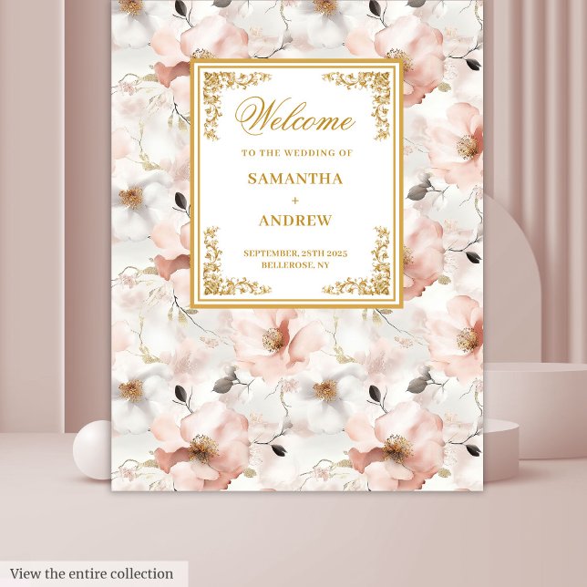 Tapisserie de mariage florale dorée rose poussiére (Classic dusty pink gold floral wedding tapestry)