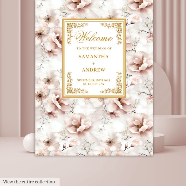 Tapisserie de mariage florale dorée rose poussiére (Vintage Dusty Pink Gold Floral Wedding Tapestry

)