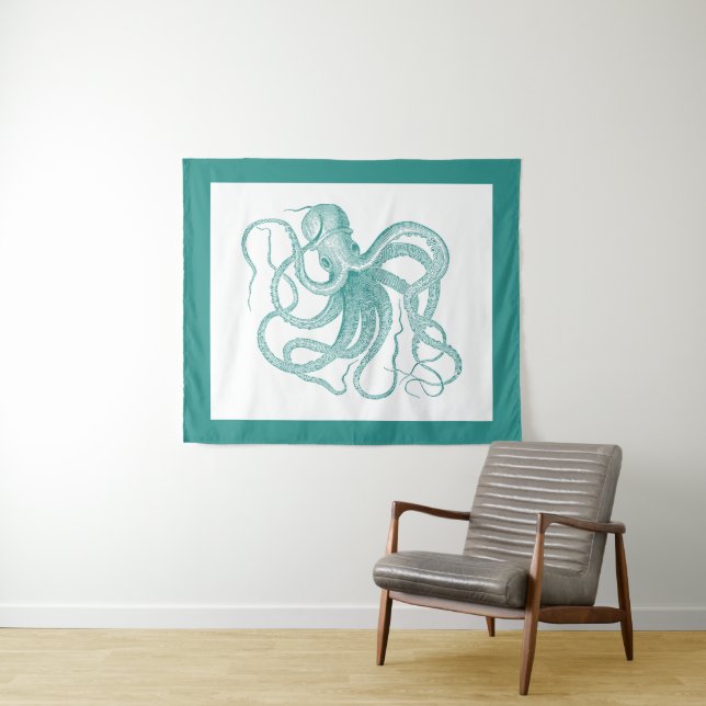 Tapisserie de poulpe vintage bleu marine (En situation (horizontale))
