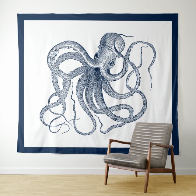 Tapisserie d'illustration de poulpe bleue (En situation (horizontale))