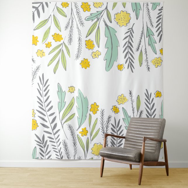 Tapisserie florale jaune et gris à brins de menthe (En situation)