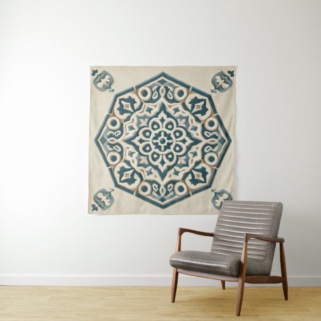 Tapisserie Motif géométrique bleu et crème (En situation)