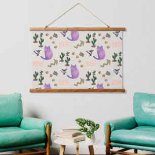 Tapisserie murale en bois Chat Poisson Cactus Meow