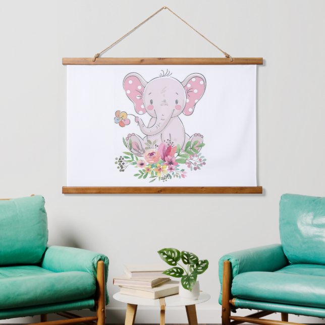 Tapisserie murale en bois rose éléphant floral (Salon)