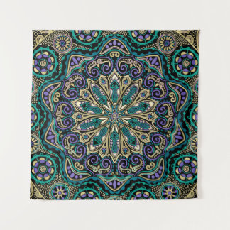 Tapisserie pourpre verte de mur de mandala de noir