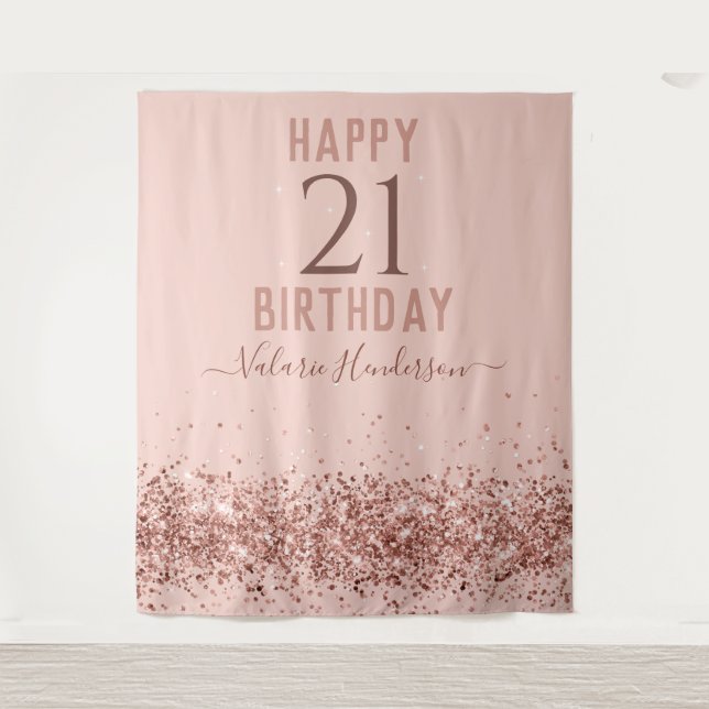 Tapisserie Rose Gold Pink Joyeux 21e Anniversaire (Devant)