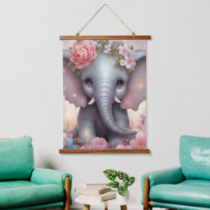 Tapisserie Suspendue Adorable bébé éléphant avec fleurs