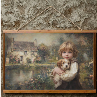 Tapisserie Suspendue Affiche de cottage vintage enfant avec chiot