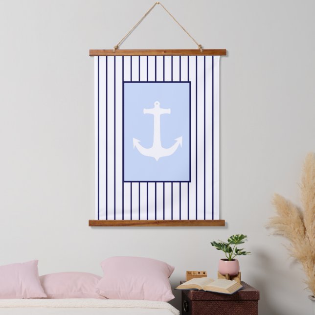 Tapisserie Suspendue Ancre blanche Capitaine Blue Stripes Mer Océan (Chambre à coucher)