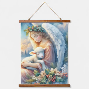 Tapisserie Suspendue Ange de Noël avec agneau en paix en hiver