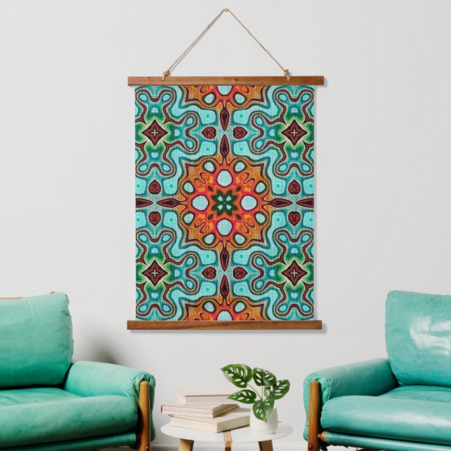 Tapisserie Suspendue Aqua Turquoise Bleu Orange Rouge Brown Tribal Art (Salon)