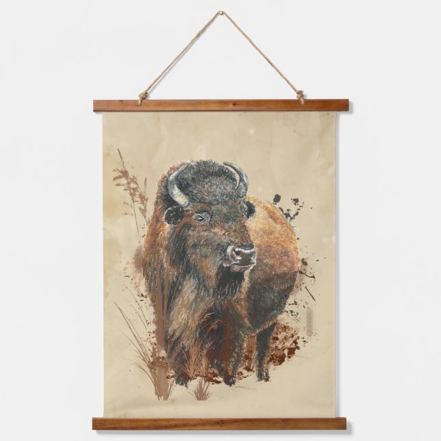 Tapisserie Suspendue Aquarelle Bison Buffle Faune Animale Nature (Recto)