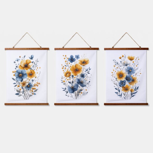 Tapisserie Suspendue Aquarelle bleu orange Floral Boho (Tripler)