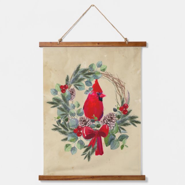 Tapisserie Suspendue Aquarelle Cardinal Oiseau rouge couronne de Noël (Recto)