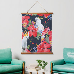Tapisserie Suspendue Aquarelle d'oiseaux tropicaux Fleur d'Hibiscus rou