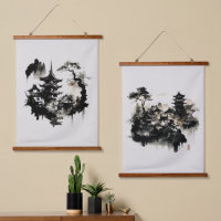 Aquarelle Encre Village japonais Asiatique