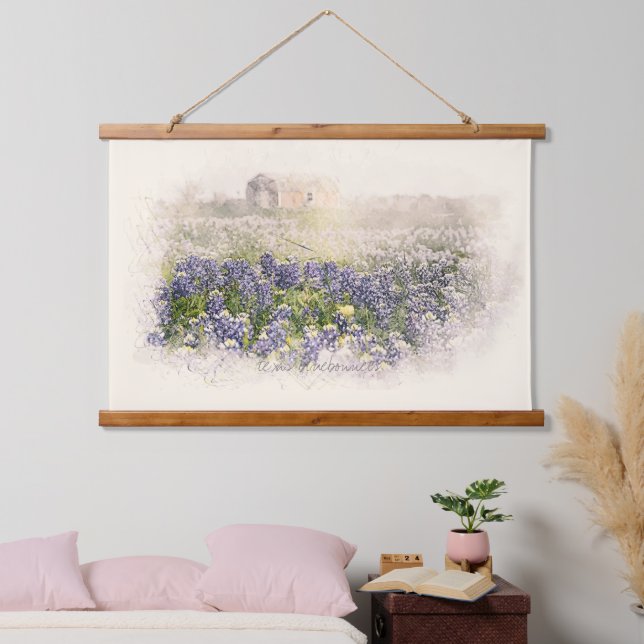 Tapisserie Suspendue Aquarelle esquissée du champ Bluebonnet (Chambre à coucher)