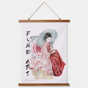Tapisserie Suspendue Aquarelle Japonaise Femme Parapluie Lotus Art