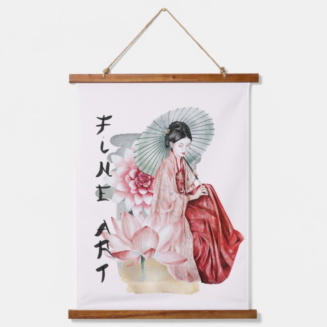 Tapisserie Suspendue Aquarelle Japonaise Femme Parapluie Lotus Art (Recto)