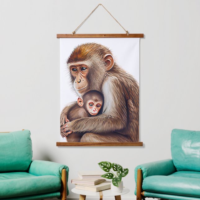 Tapisserie Suspendue Aquarelle mère et bébé singe (Salon)