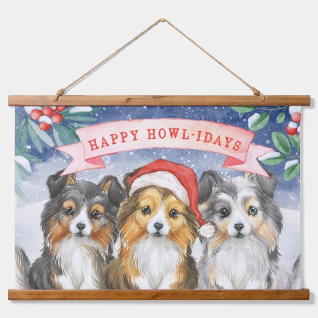 Tapisserie Suspendue Aquarelle Noël Sheltie Happy Howlidays (Devant)