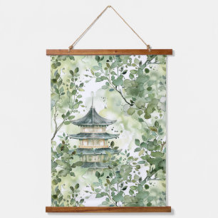 Tapisserie Suspendue Aquarelle Pagode asiatique dans paysage verdoyant