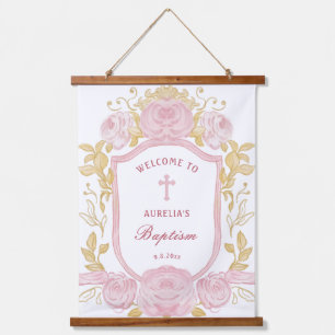 Tapisserie Suspendue Aquarelle Rose Crest Baptême Bienvenue