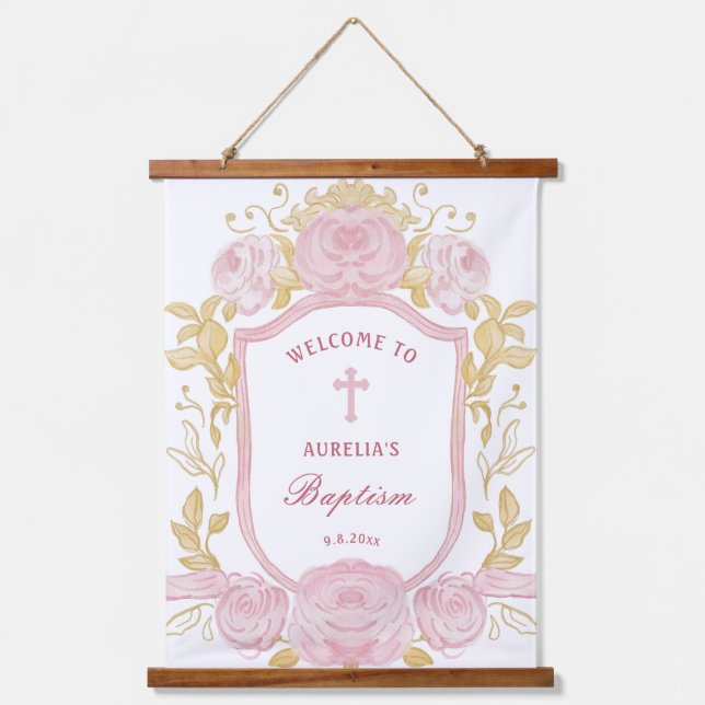 Tapisserie Suspendue Aquarelle Rose Crest Baptême Bienvenue (Recto)