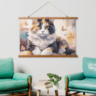 Tapisserie Suspendue Aquarelle Whimsical Calico Chat et Papillons