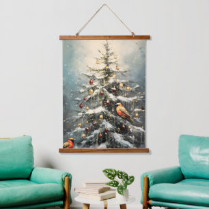Tapisserie Suspendue Arbre de Noël hivernal rustique aux oiseaux rouges