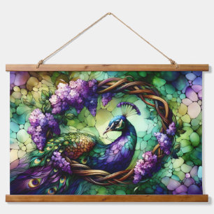 Tapisserie Suspendue Art de couronne florale de paon en verre coloré