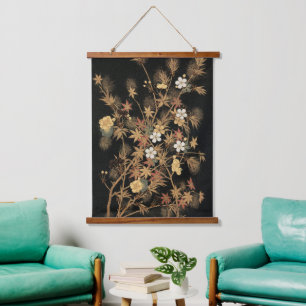 Tapisserie Suspendue Art floral automnal noir doré vintage japonais